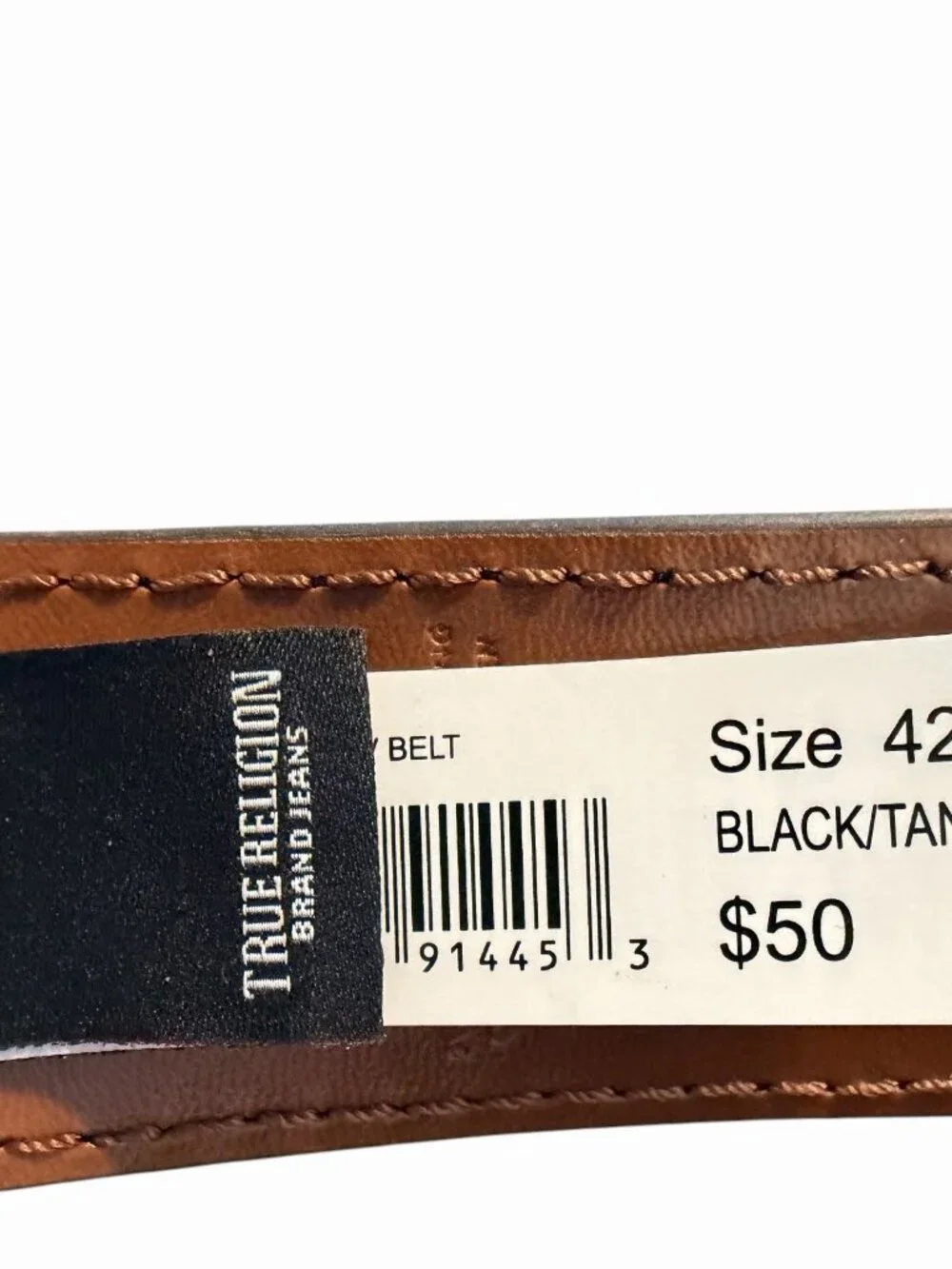 MENS TRUE RELIGION HORSESHOE BUCKLE REVERSIBLE BLACK TAN BROWN BELT 42”/ 1.5”W